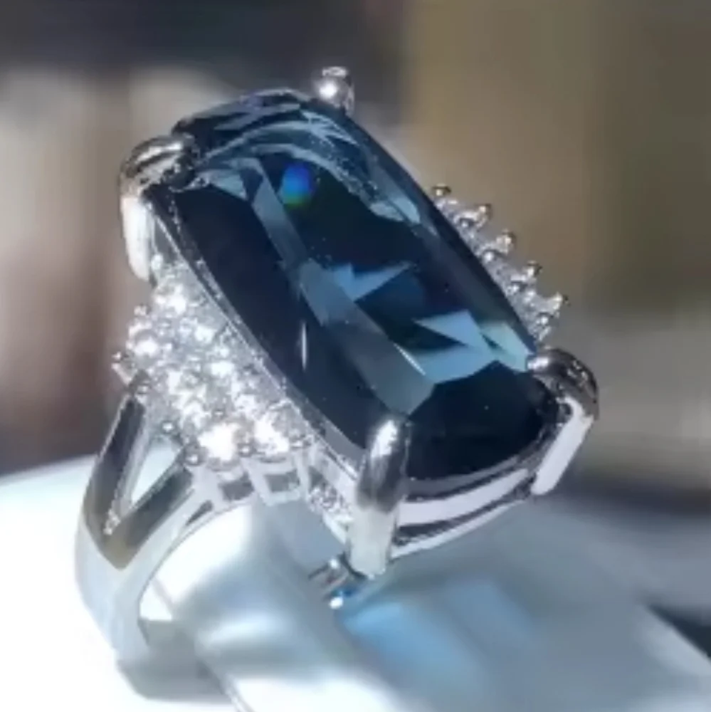 12 Ct 925 Silver Bridal Ring with Deep Blue Lab-created Sapphire Stone Sz 10